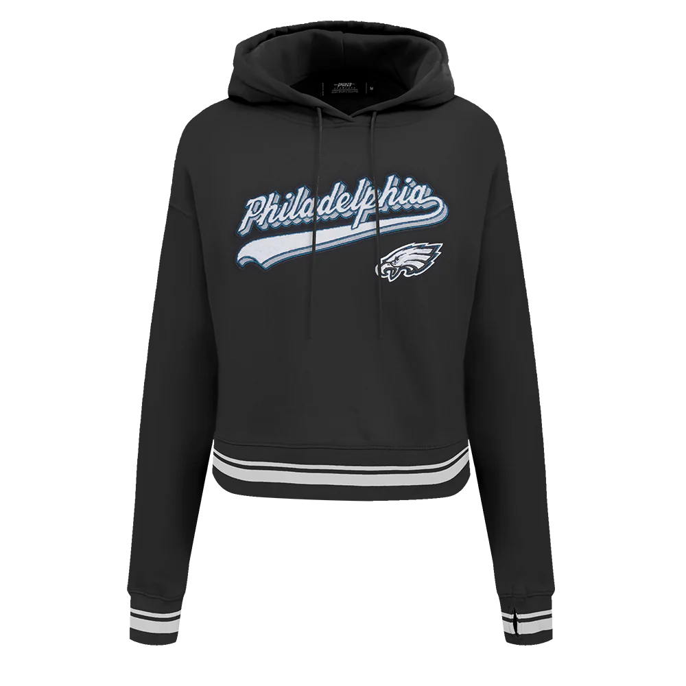 NFL PHILADELPHIA EAGLES SCRIPT TAIL WOMEN'S RIB FLEECE CROPPED PULLOVER HOODIE (BLACK)