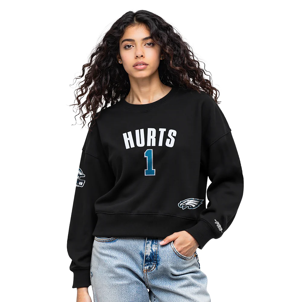 NFL PHILADELPHIA EAGLES JALEN HURTS #1 CLASSIC PNN WOMEN'S FLC CREWNECK (BLACK)