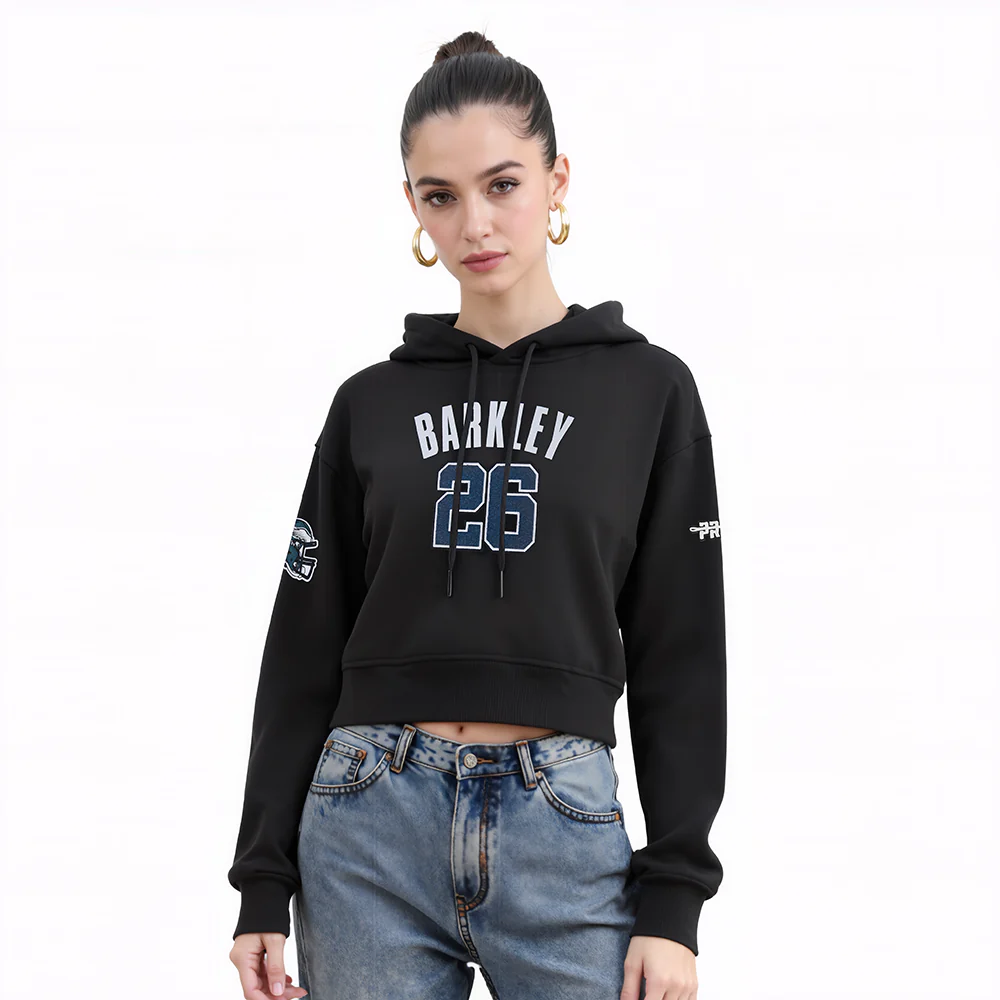 NFL PHILADELPHIA EAGLES SAQUON BARKLEY #26 CLASSIC PNN WOMEN'S FLC CROPPED PO HOODIE (BLACK)