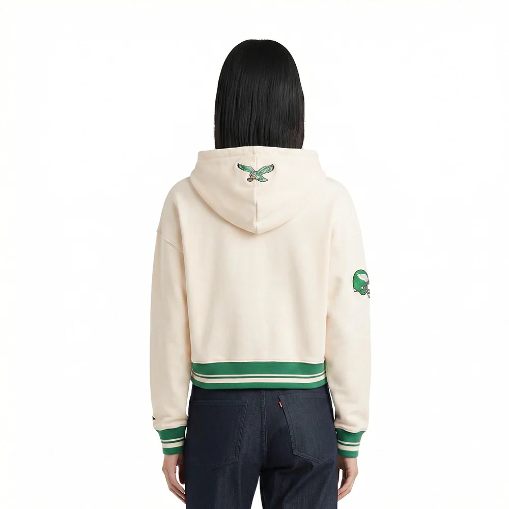NFL PHILADELPHIA EAGLES RETRO CLASSIC WOMEN'S CROPPED PULLOVER HOODIE (EGGSHELL/KELLY GREEN) - Image 2