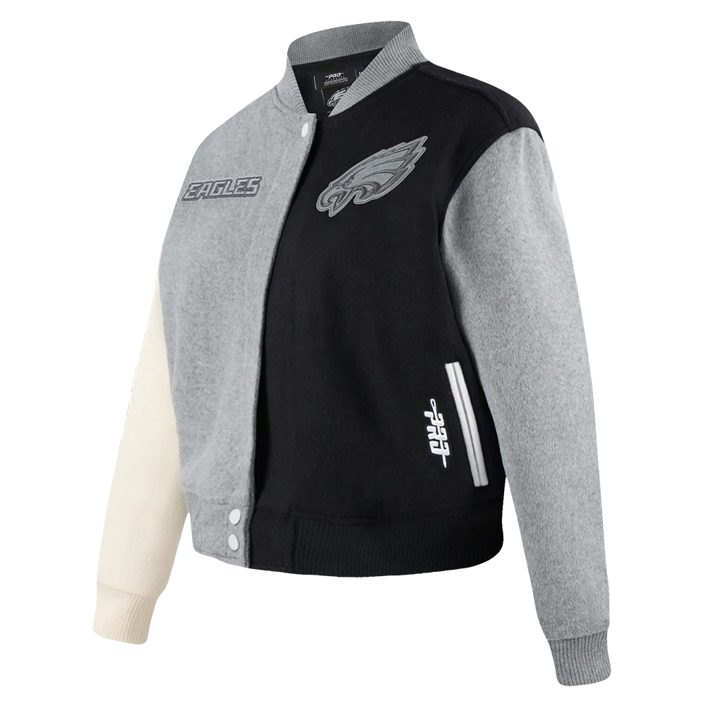 NFL PHILADELPHIA EAGLES REVERSE FRENCH TERRY WOMEN'S WOOL VARSITY JACK (BLACK/GRAY/EGGSHELL) - Image 2
