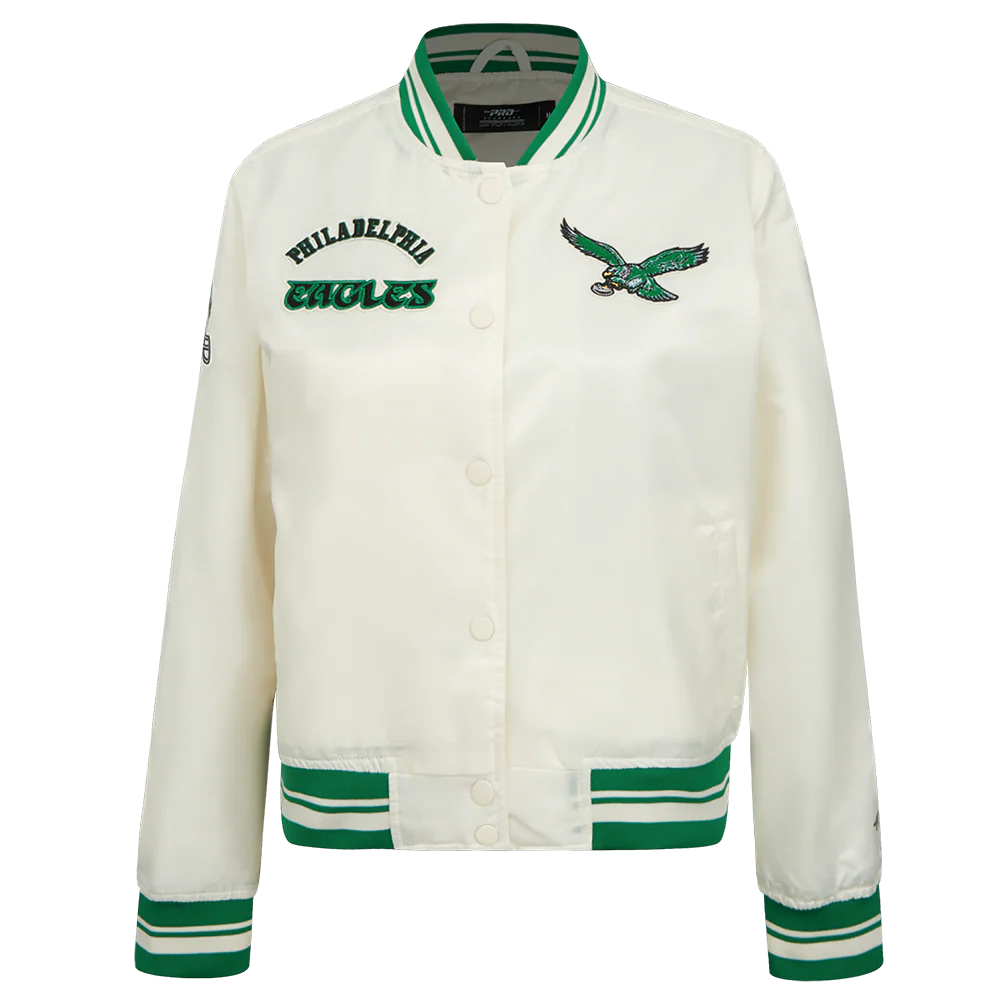 NFL PHILADELPHIA EAGLES RETRO CLASSIC WOMEN'S RIB SATIN JACKET (EGGSHELL/ KELLY GREEN)