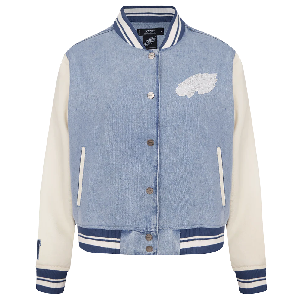 NFL PHILADELPHIA EAGLES VARSITY BLUES WOMEN'S W DENIM VARSITY JACKET (DENIM/LINEN)