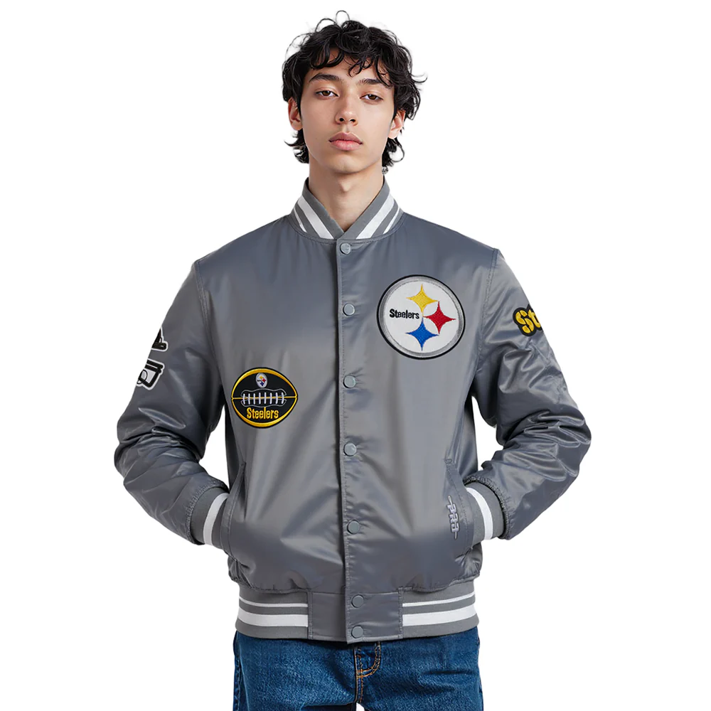 NFL PITTSBURGH STEELERS OLD ENGLISH MEN'S RIB SATIN JACKET (GRAY)