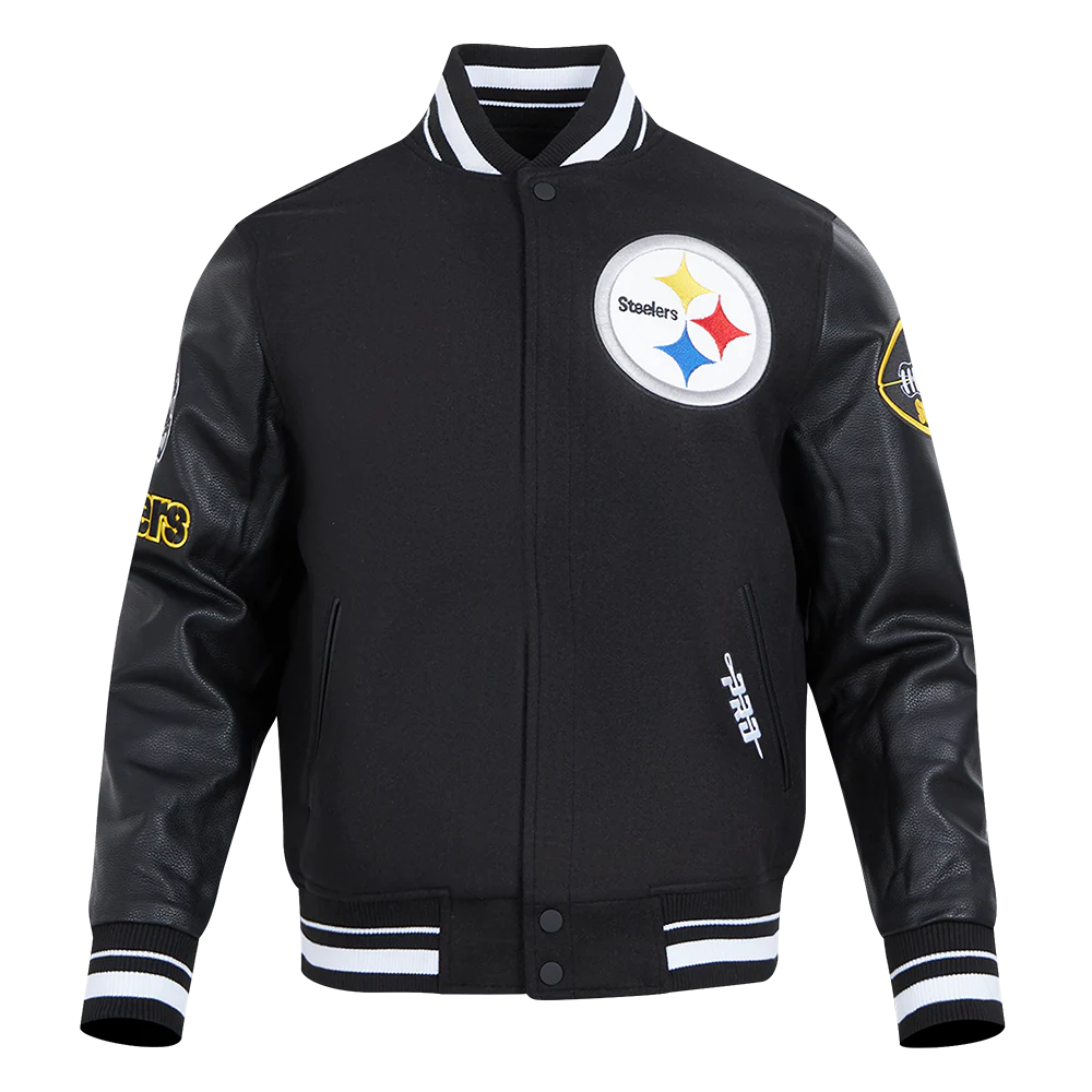 NFL PITTSBURGH STEELERS OLD ENGLISH MEN'S RIB WOOL VARSITY JACKET (BLACK)