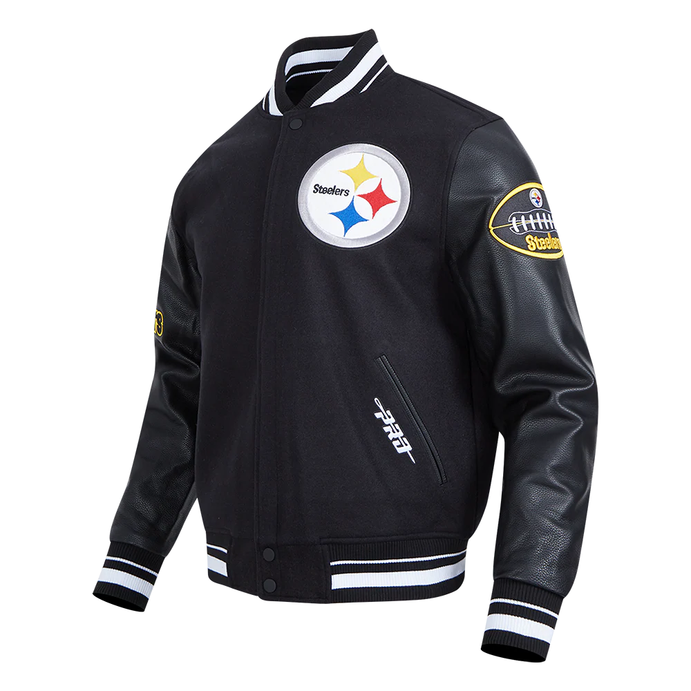 NFL PITTSBURGH STEELERS OLD ENGLISH MEN'S RIB WOOL VARSITY JACKET (BLACK) - Image 2