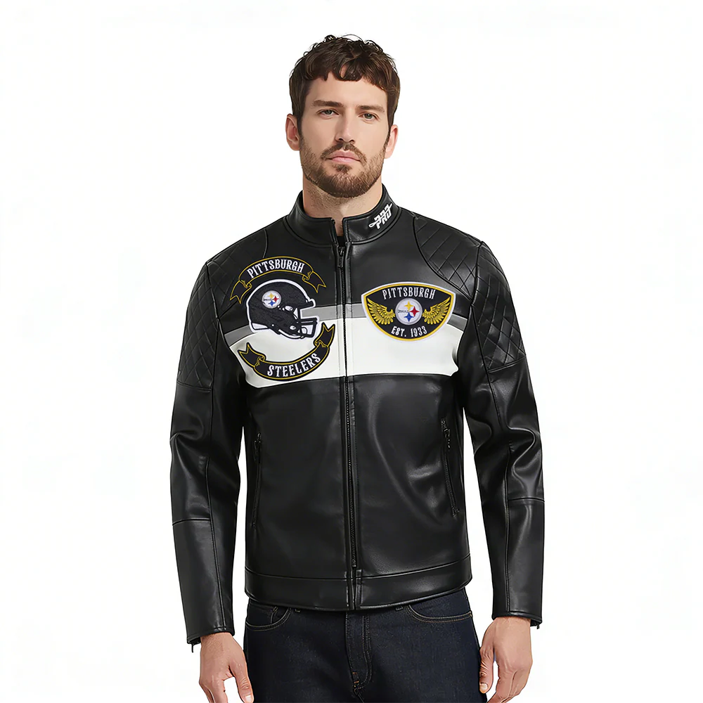 NFL PITTSBURGH STEELERS BORN FOR SPORT MEN'S MOTO JACKET (BLACK/WHITE)