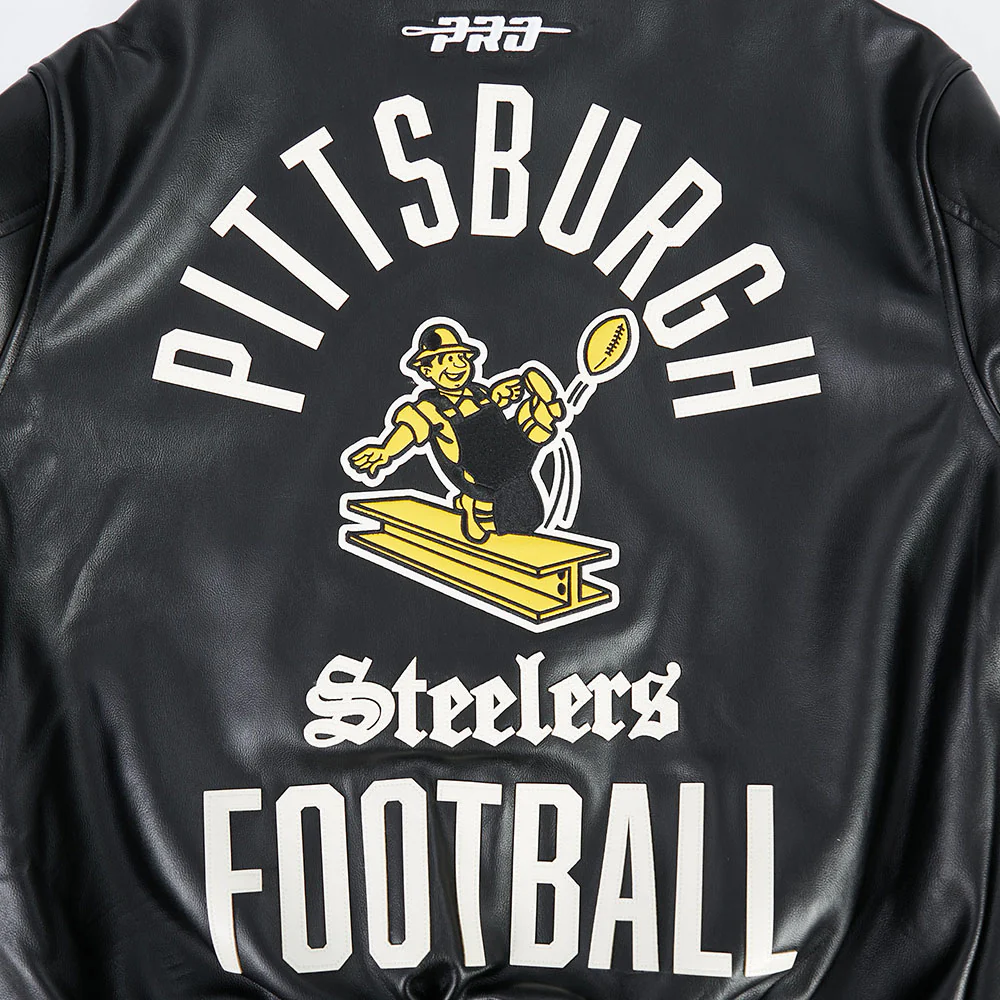 NFL PITTSBURGH STEELERS MODERN ORIGINALS MEN'S LEATHER VARSITY JACKET (JET BLACK) - Image 9