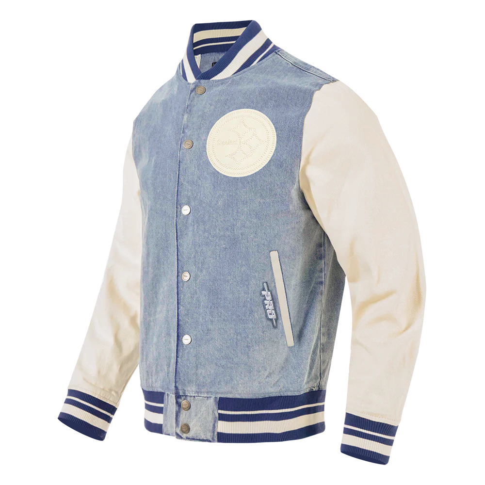 NFL PITTSBURGH STEELERS VARSITY BLUES MEN'S DENIM VARSITY JACKET (DENIM/LINEN) - Image 2