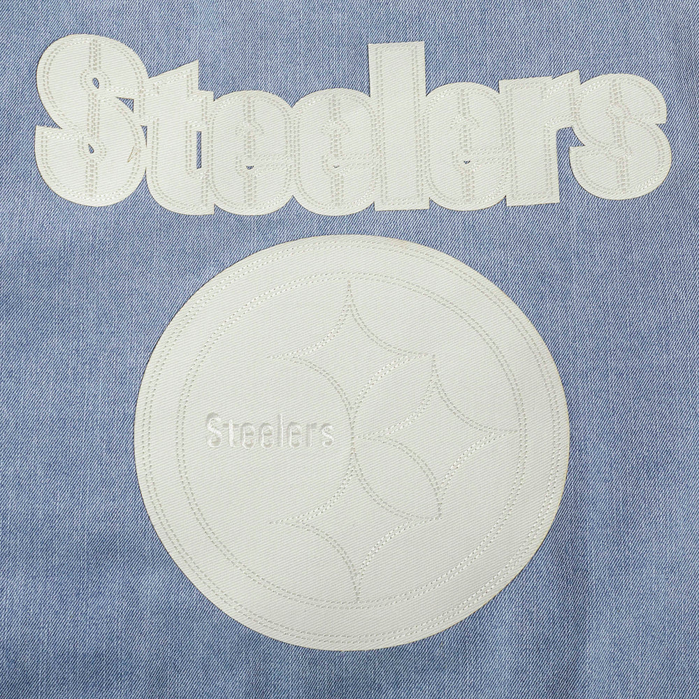 NFL PITTSBURGH STEELERS VARSITY BLUES MEN'S DENIM VARSITY JACKET (DENIM/LINEN) - Image 6