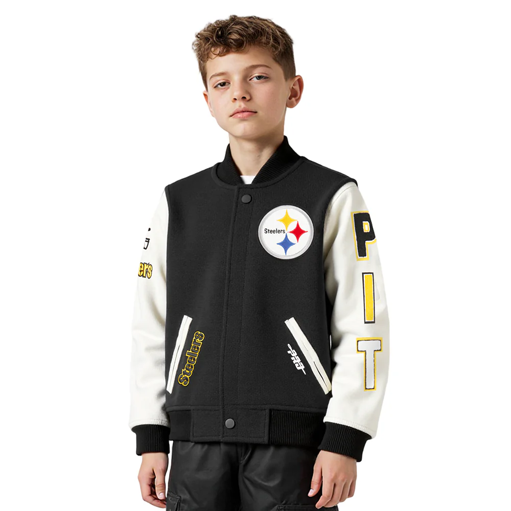 NFL PITTSBURGH STEELERS CLASSIC BIG BOYS WOOL VARSITY JACKET (BLACK/WHITE)