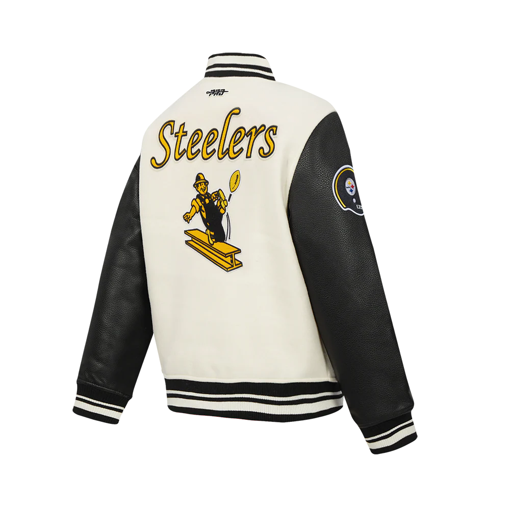 NFL PITTSBURGH STEELERS RETRO CLASSIC BIG BOYS RIB WOOL VARSITY JACKET (EGGSHELL/ BLACK) - Image 6