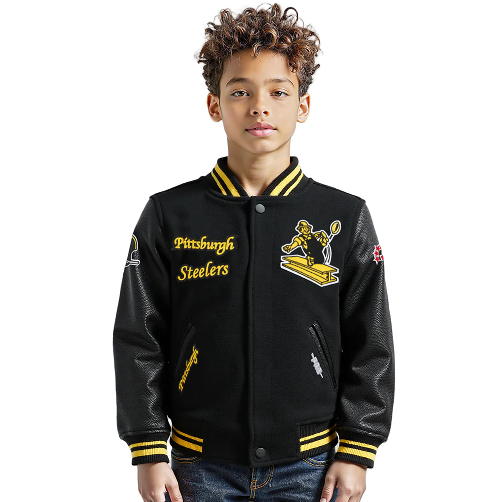 NFL PITTSBURGH STEELERS RETRO CLASSIC LITTLE BOYS RIB WOOL VARSITY JACKET (BLACK/YELLOW) - Image 9
