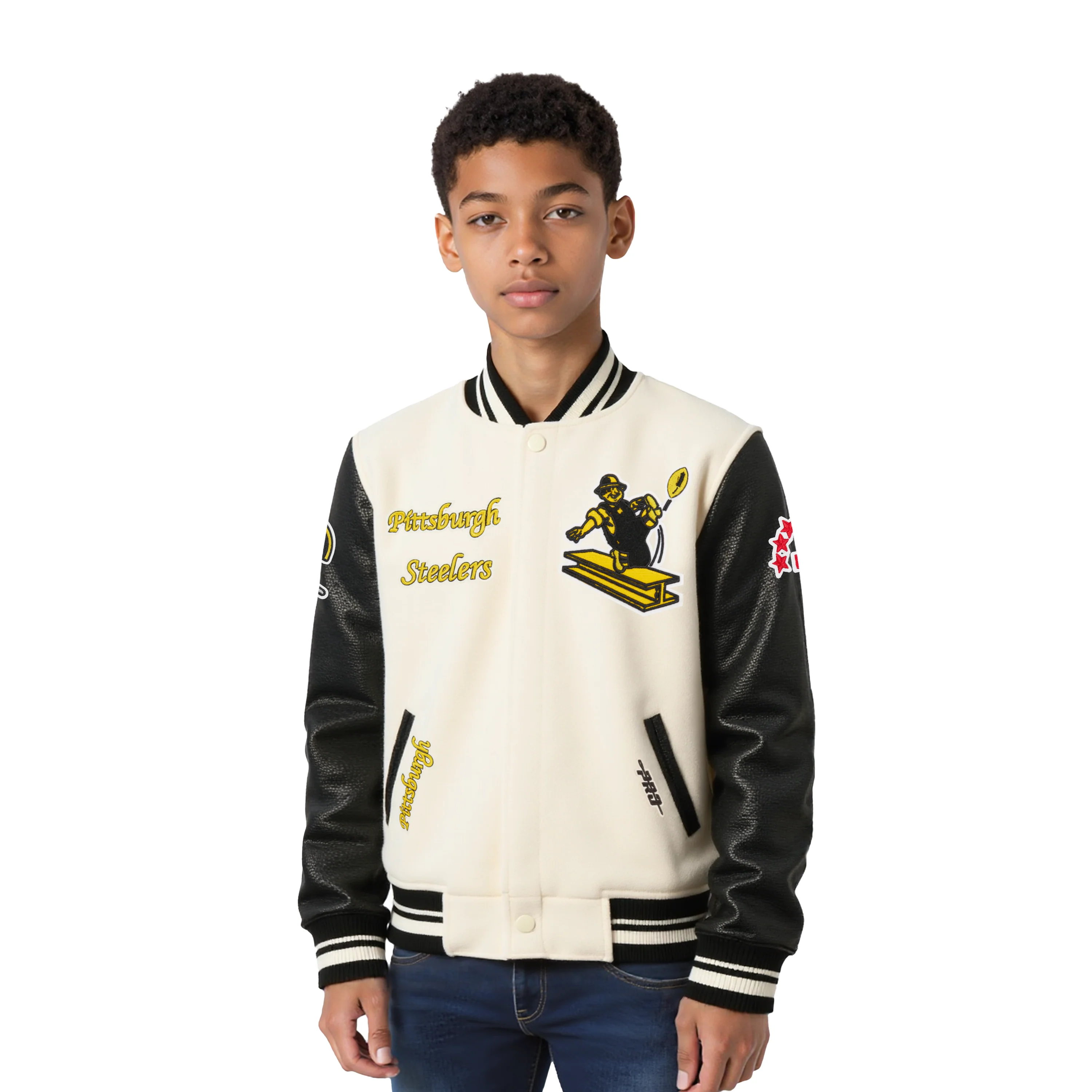 NFL PITTSBURGH STEELERS RETRO CLASSIC LITTLE BOYS RIB WOOL VARSITY JACKET (EGGSHELL/ BLACK)