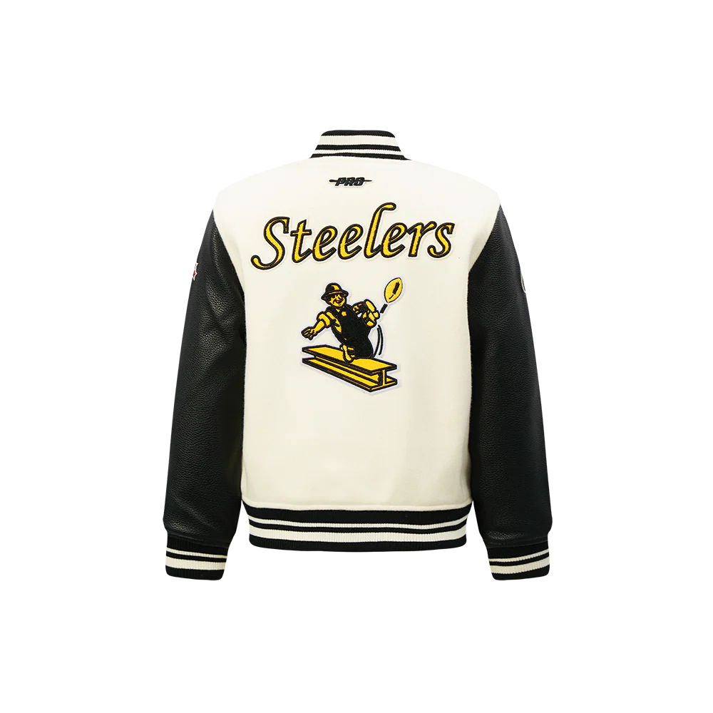 NFL PITTSBURGH STEELERS RETRO CLASSIC LITTLE BOYS RIB WOOL VARSITY JACKET (EGGSHELL/ BLACK) - Image 5