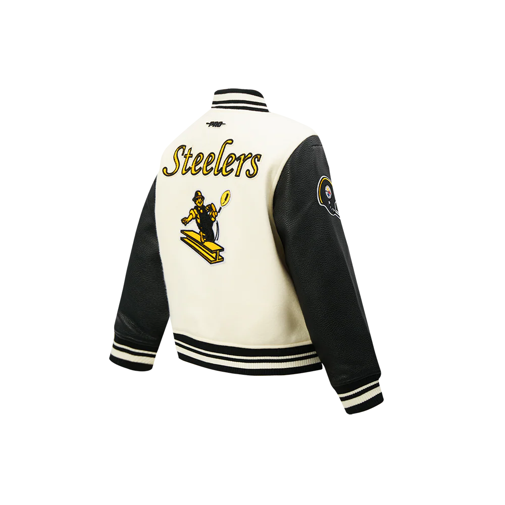 NFL PITTSBURGH STEELERS RETRO CLASSIC LITTLE BOYS RIB WOOL VARSITY JACKET (EGGSHELL/ BLACK) - Image 6