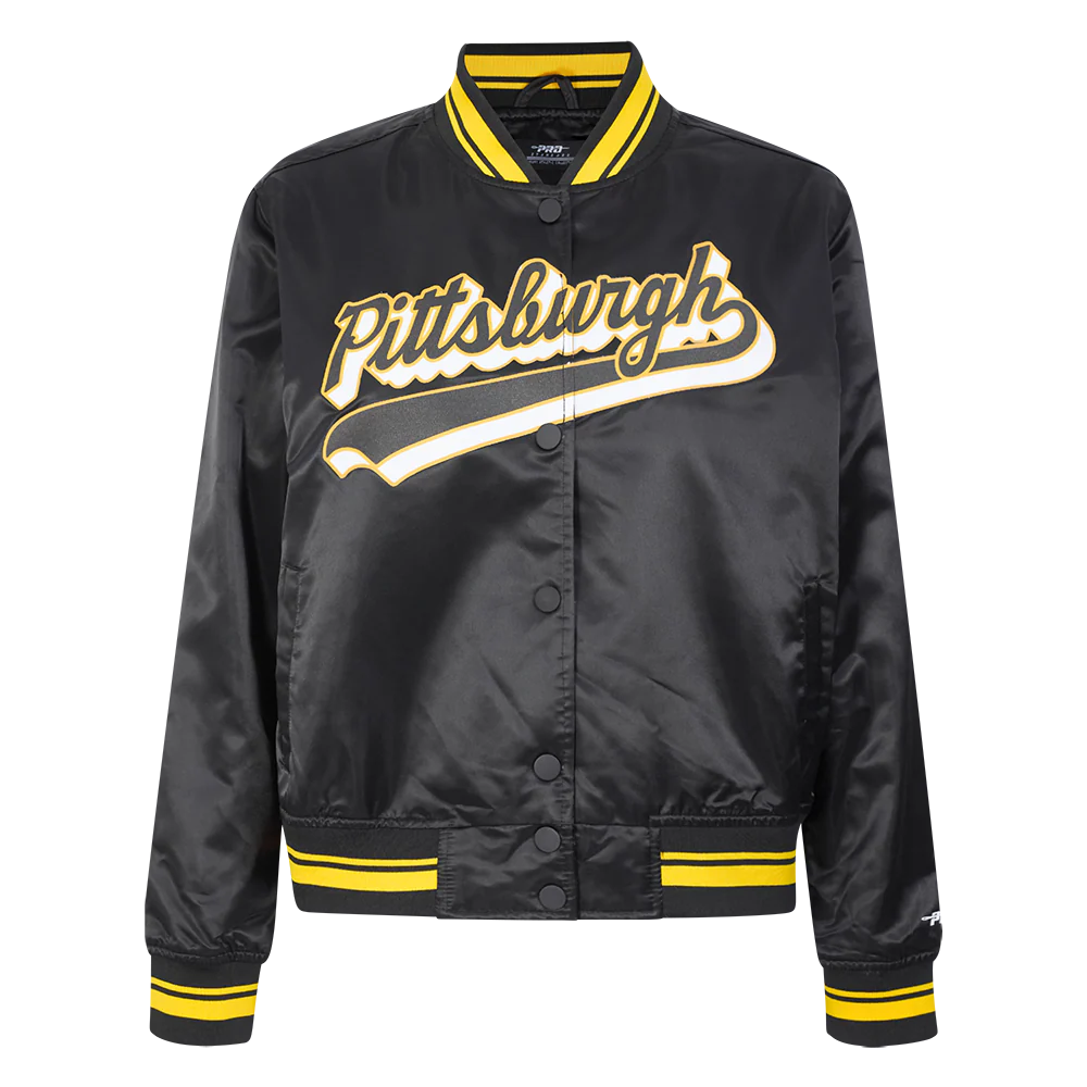 NFL PITTSBURGH STEELERS SCRIPT TAIL WOMEN'S SATIN JACKET (BLACK/YELLOW)