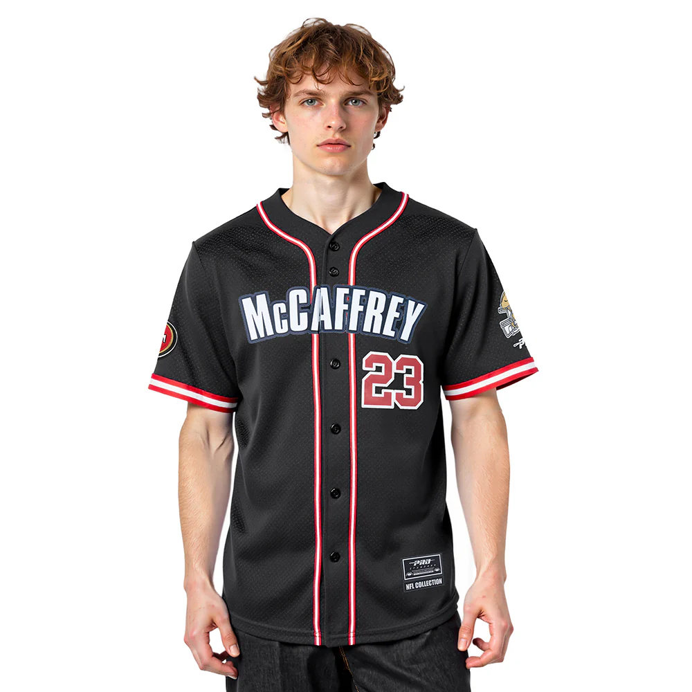 NFL SAN FRANCISCO 49ERS CHRISTIAN MCCAFFREY #23 CLASSIC MESH PNN MEN'S MESH BUTTON DOWN SHIRT (BLACK/RED)