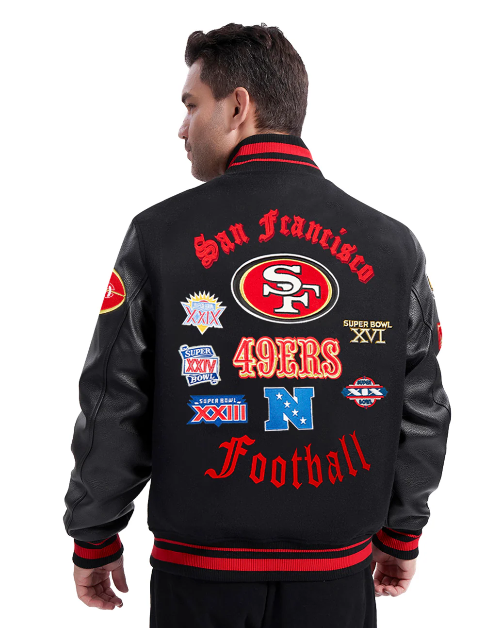 NFL SAN FRANCISCO 49ERS OLD ENGLISH MEN'S RIB WOOL VARSITY JACKET (BLACK/RED/BLACK) - Image 2