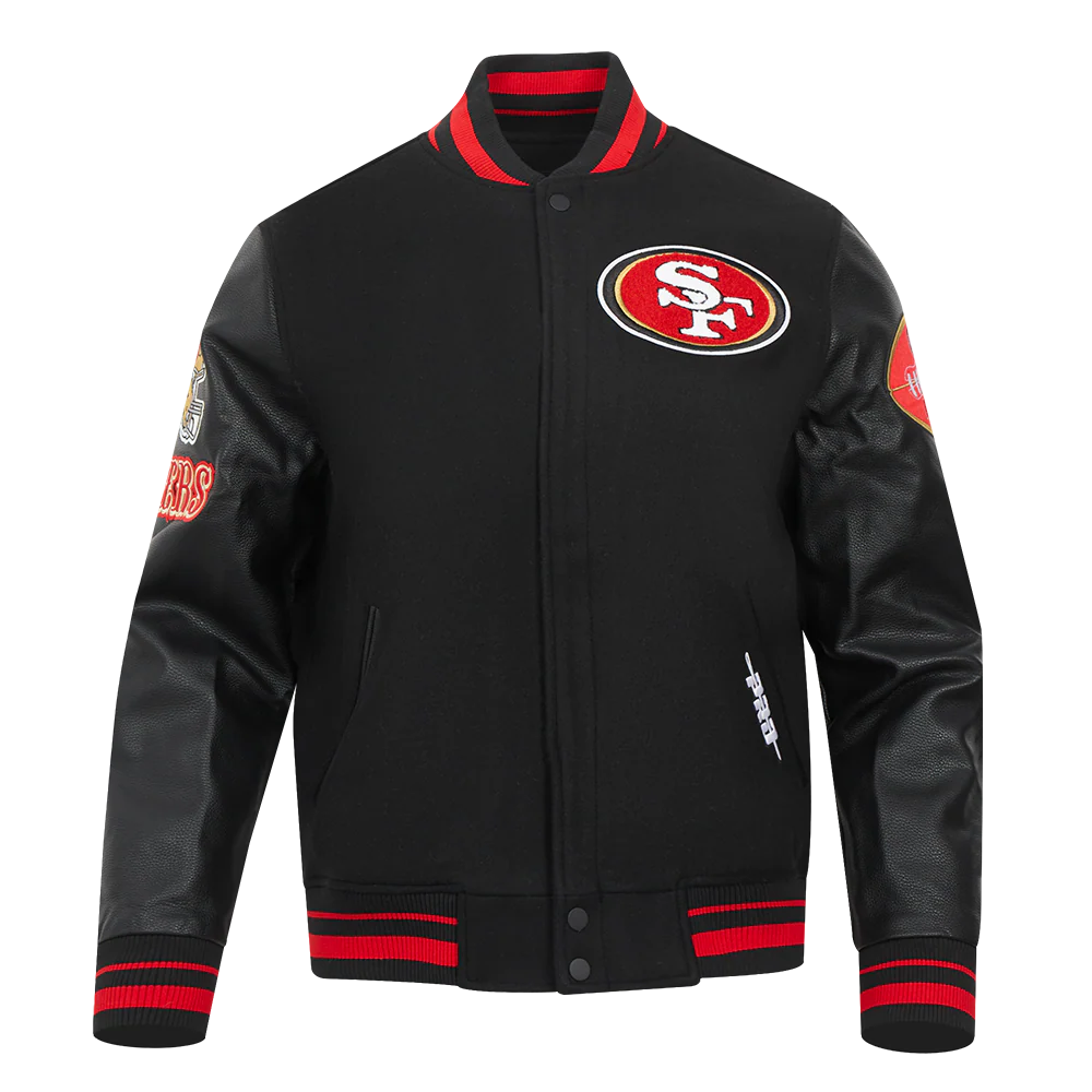 NFL SAN FRANCISCO 49ERS OLD ENGLISH MEN'S RIB WOOL VARSITY JACKET (BLACK/RED/BLACK) - Image 3