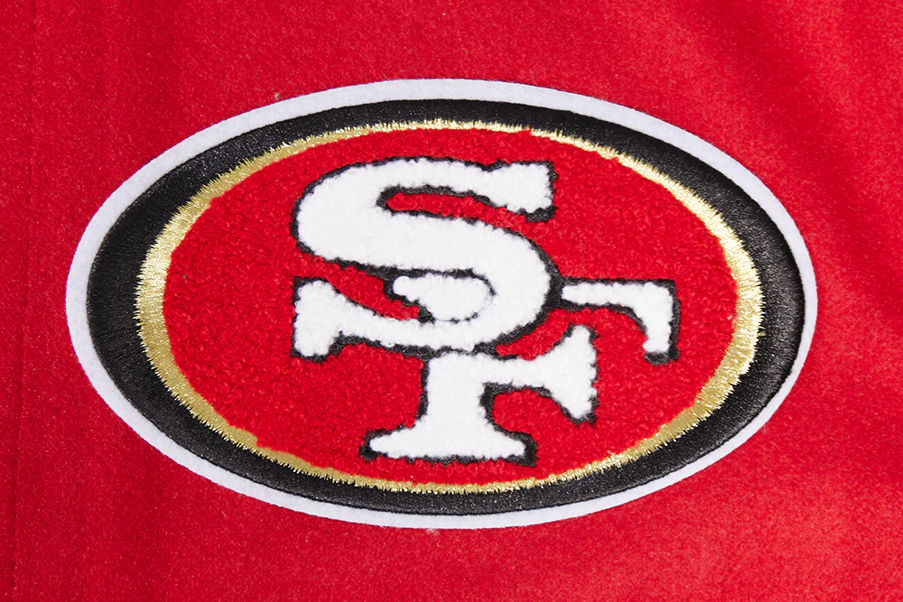 NFL SAN FRANCISCO 49ERS OLD ENGLISH MEN'S RIB WOOL VARSITY JACKET (RED/BLACK) - Image 5