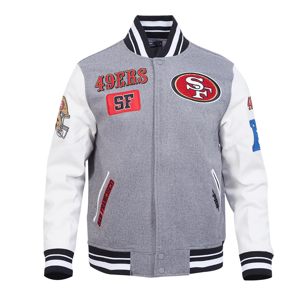 NFL SAN FRANCISCO 49ERS AREA CODE MEN'S RIB WOOL VARSITY JACKET (HEATHER GREY/WHITE/BLACK)
