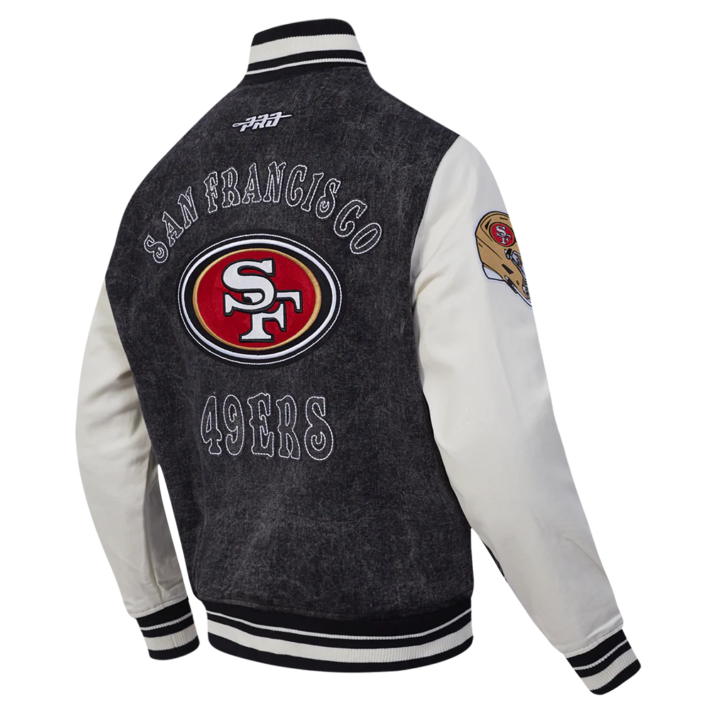 NFL SAN FRANCISCO 49ERS REBEL ATHLETICS MEN'S DENIM VARSITY JACKET (WASHED BLACK/EGGSHELL) - Image 11