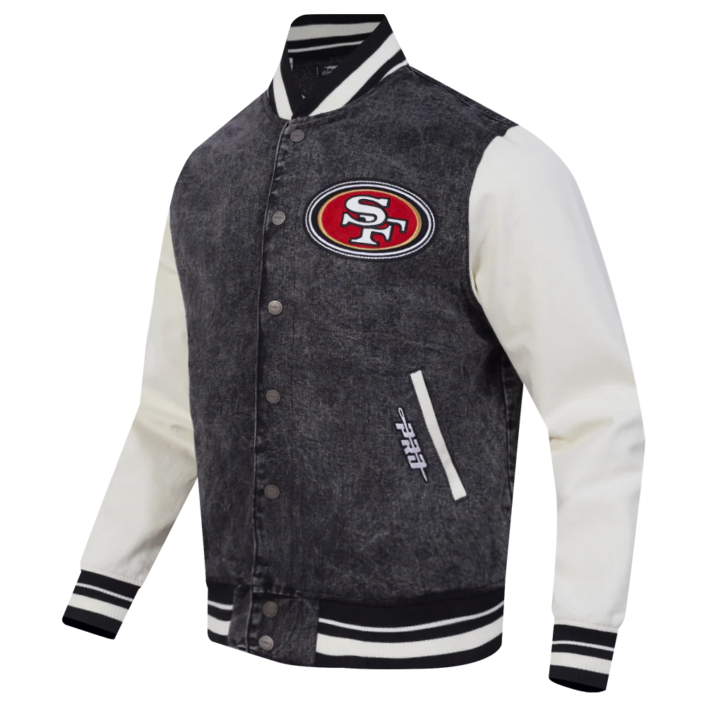 NFL SAN FRANCISCO 49ERS REBEL ATHLETICS MEN'S DENIM VARSITY JACKET (WASHED BLACK/EGGSHELL) - Image 3