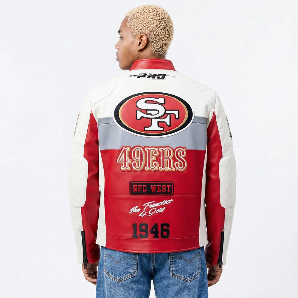 NFL SAN FRANCISCO 49ERS MEN'S MOTO JACKET (EGGSHELL/ RED) - Image 2