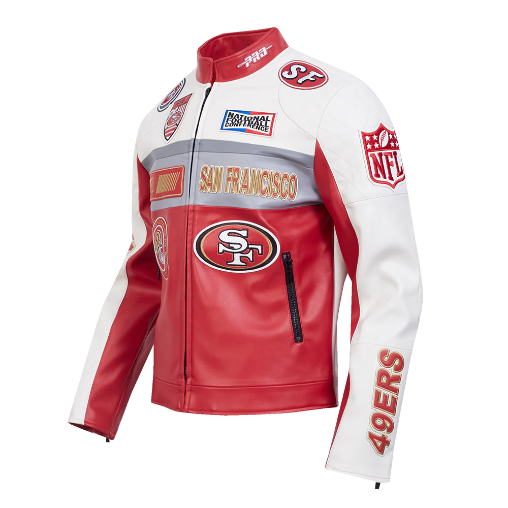 NFL SAN FRANCISCO 49ERS MEN'S MOTO JACKET (EGGSHELL/ RED) - Image 3