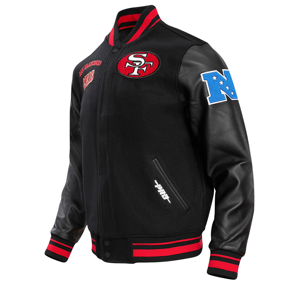 NFL SAN FRANCISCO 49ERS RETRO CLASSIC MEN'S RIB WOOL VARSITY JACKET (BLACK/RED/BLACK) - Image 4