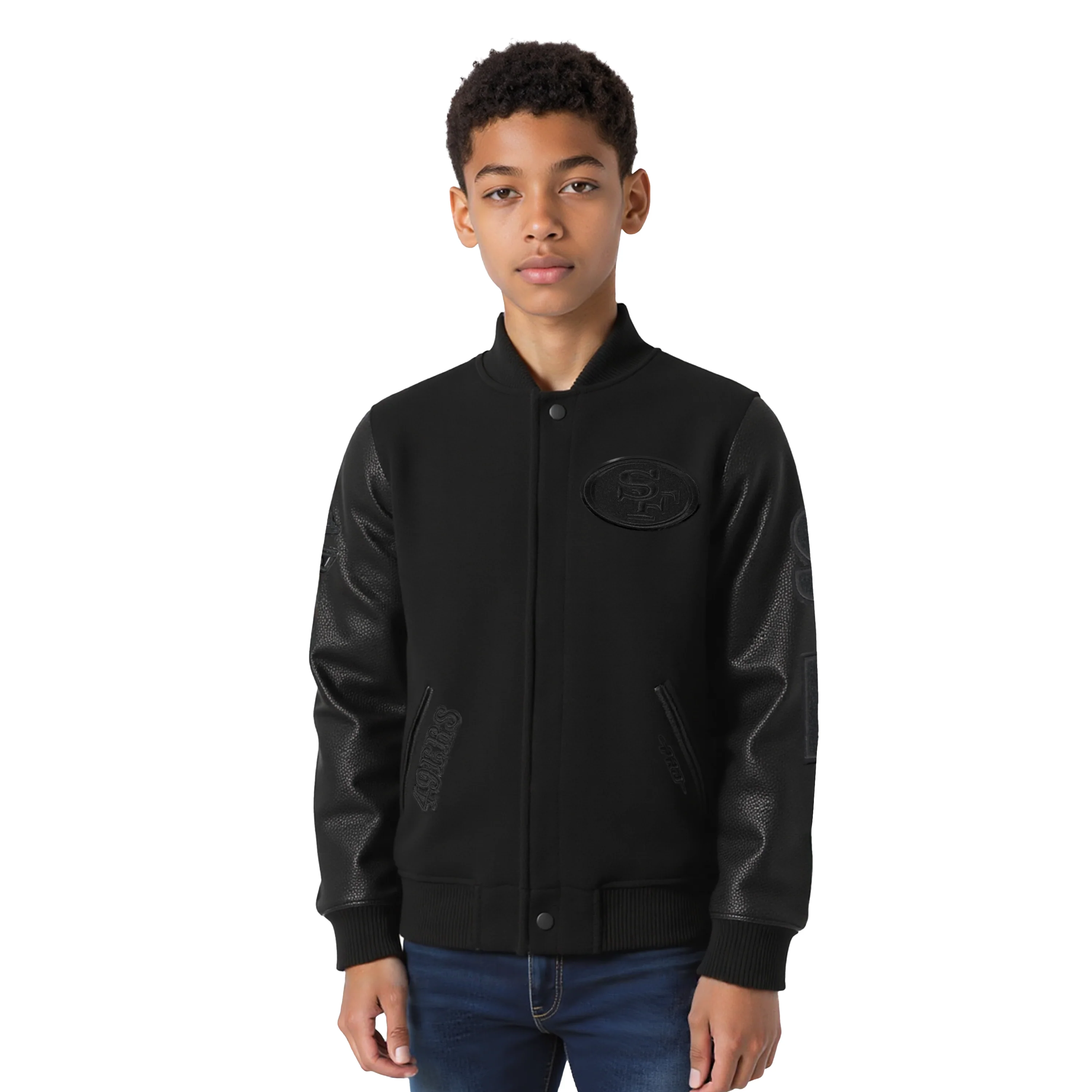 NFL SAN FRANCISCO 49ERS TRIPLE BLACK BIG BOYS WOOL VARSITY JACKET (JET BLACK)