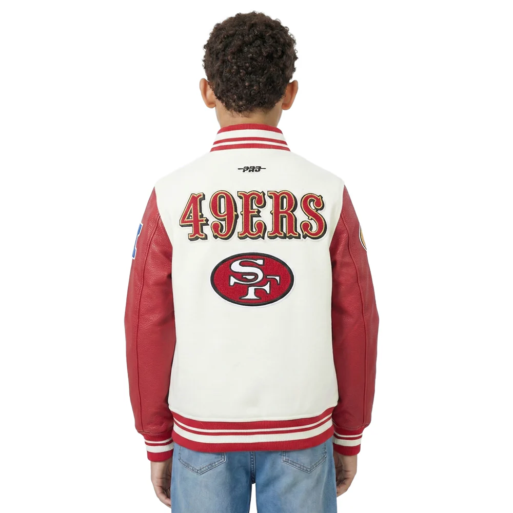 NFL SAN FRANCISCO 49ERS RETRO CLASSICS BIG BOY'S RIB WOOL VARSITY JACKE (EGGSHELL/ RED) - Image 2