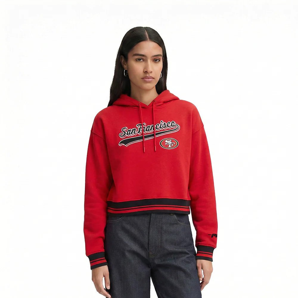 NFL SAN FRANCISCO 49ERS SCRIPT TAIL WOMEN'S RIB FLEECE CROPPED PULLOVER HOODIE (RED/BLACK)