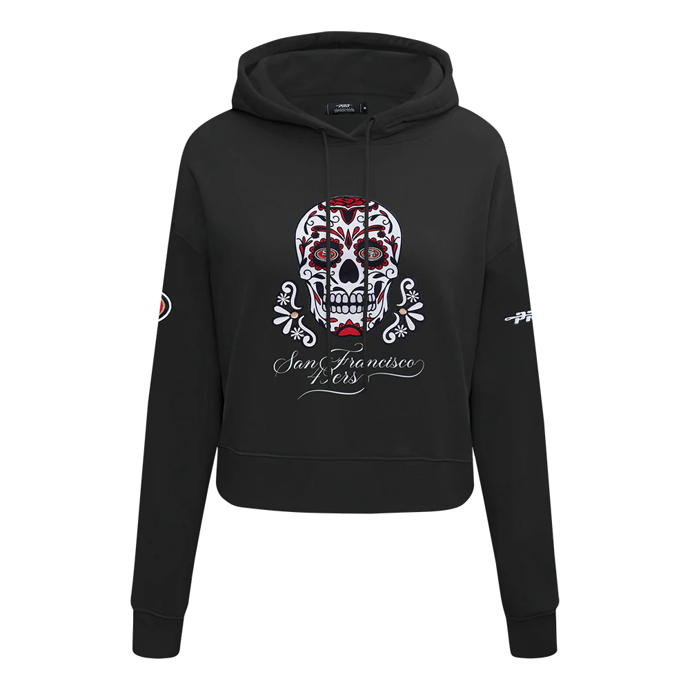 NFL SAN FRANCISCO 49ERS SUGAR SKULL WOMEN'S FLEECE CROPPED PULLOVER HOODIE (BLACK)