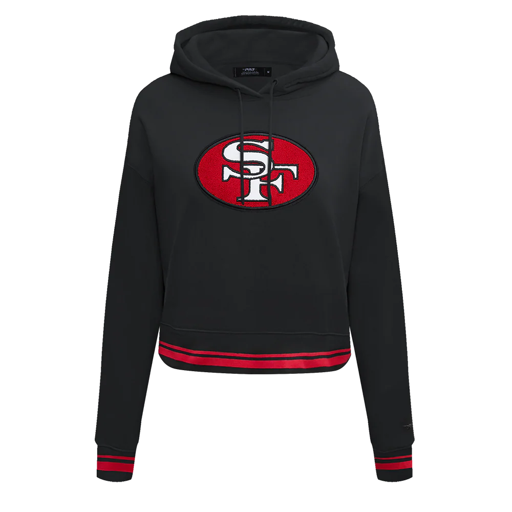 NFL SAN FRANCISCO 49ERS RETRO CLASSIC WOMEN'S CROPPED PULLOVER HOODIE (BLACK/RED/BLACK)