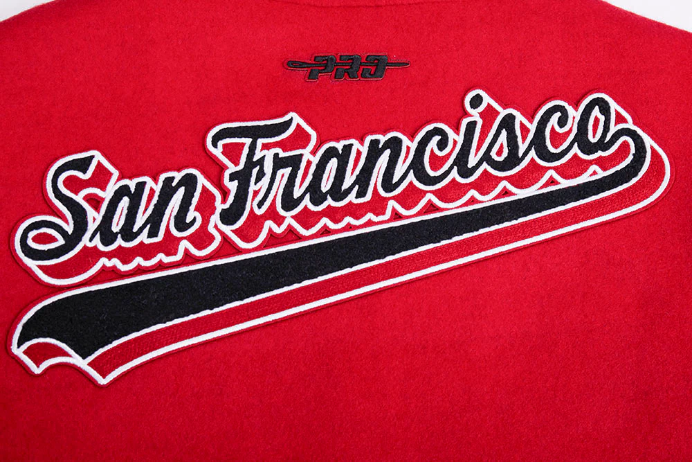 NFL SAN FRANCISCO 49ERS SCRIPT TAIL WOMEN'S WOOL VARSITY JACKET (RED/BLACK) - Image 6