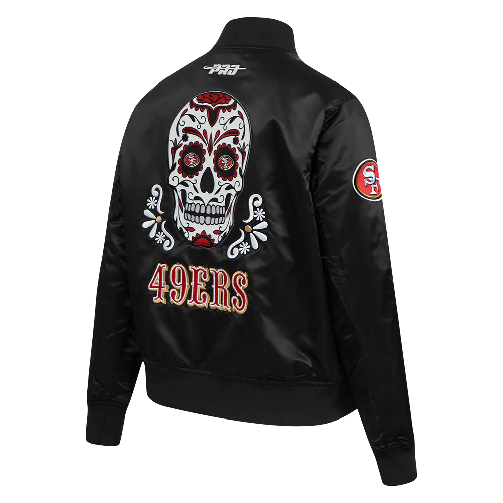 NFL SAN FRANCISCO 49ERS SUGAR SKULL WOMEN'S SATIN JACKET (BLACK) - Image 3