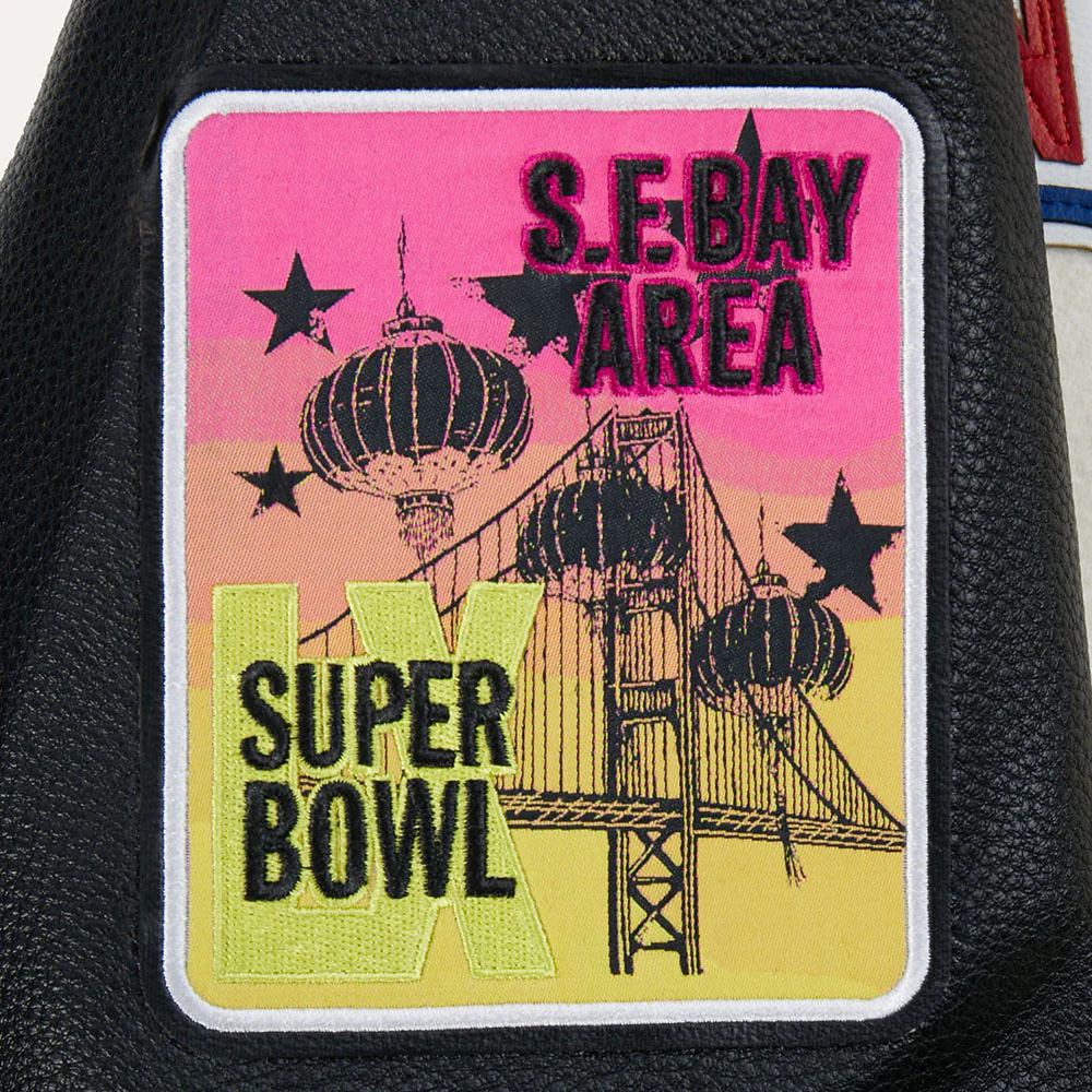 NFL SUPER BOWL 60 WOMEN'S SUBLIMATED CROPPED RIB WOOL VARSITY JACK (EGGSHELL/ BLACK) - Image 5