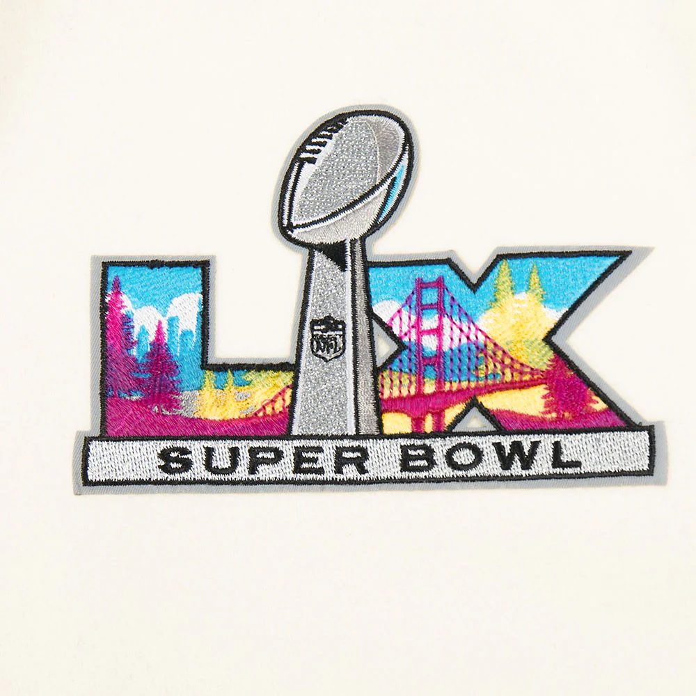 NFL SUPER BOWL 60 WOMEN'S SUBLIMATED CROPPED RIB WOOL VARSITY JACK (EGGSHELL/ BLACK) - Image 9