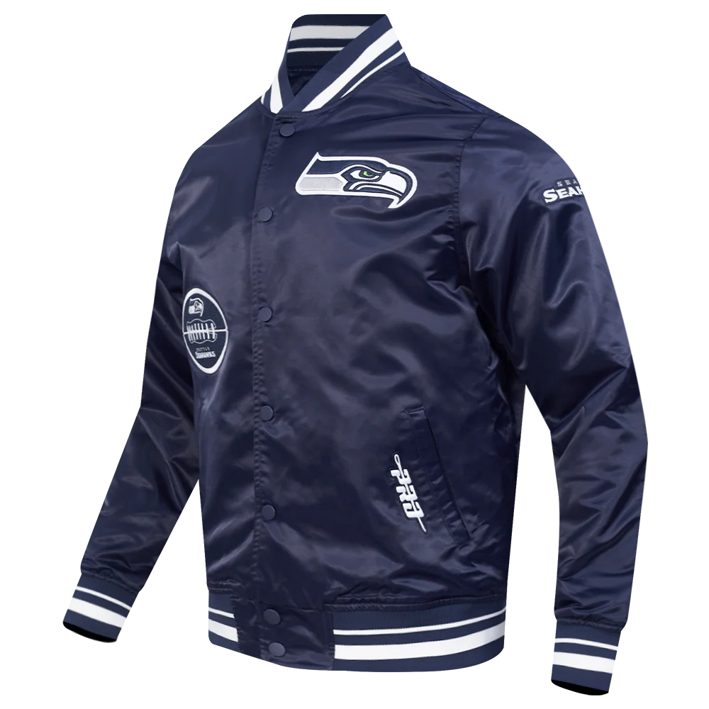 NFL SEATTLE SEAHAWKS OLD ENGLISH MEN'S RIB SATIN JACKET (MIDNIGHT NAVY) - Image 2