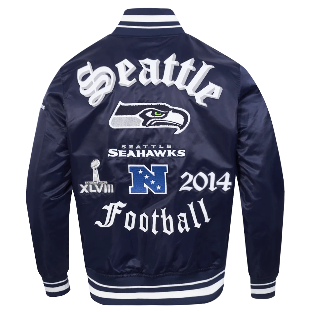 NFL SEATTLE SEAHAWKS OLD ENGLISH MEN'S RIB SATIN JACKET (MIDNIGHT NAVY) - Image 3