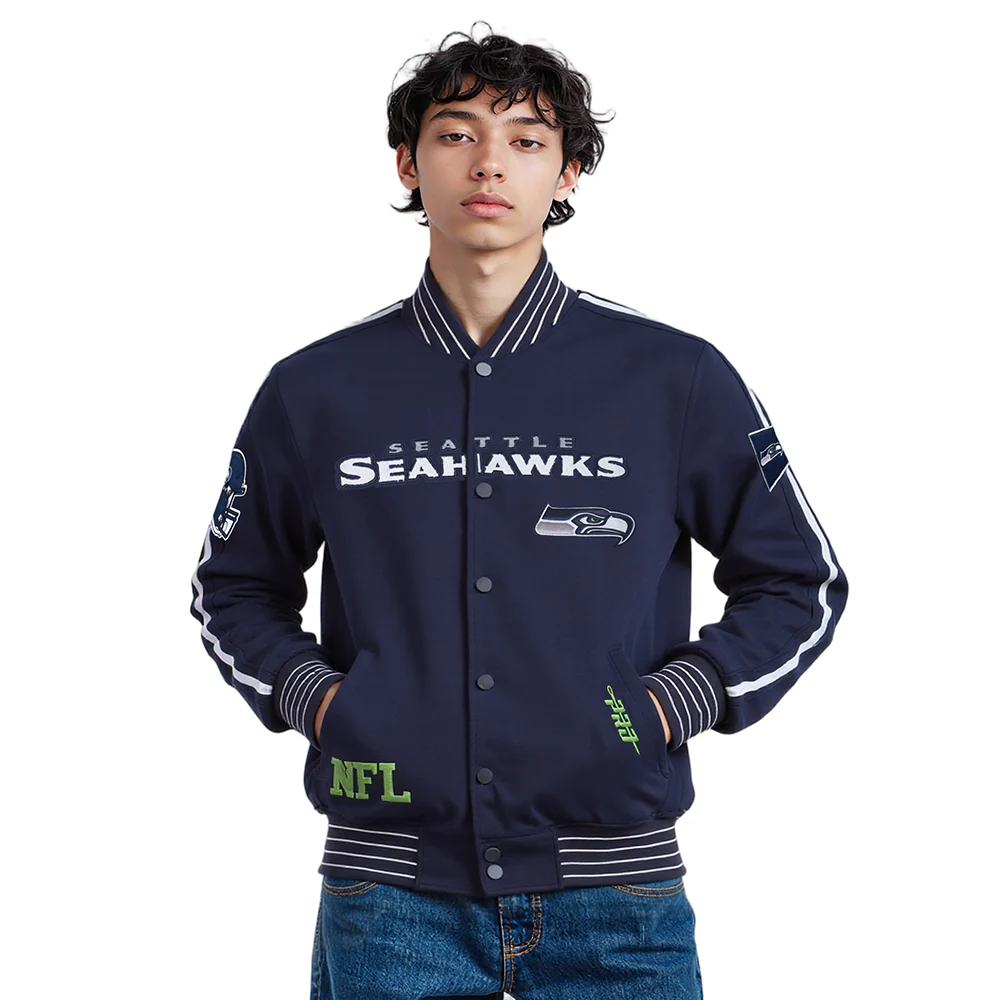 NFL SEATTLE SEAHAWKS PRO GAME DAY MEN'S DBL KNIT JACKET (MIDNIGHT NAVY/WHITE)