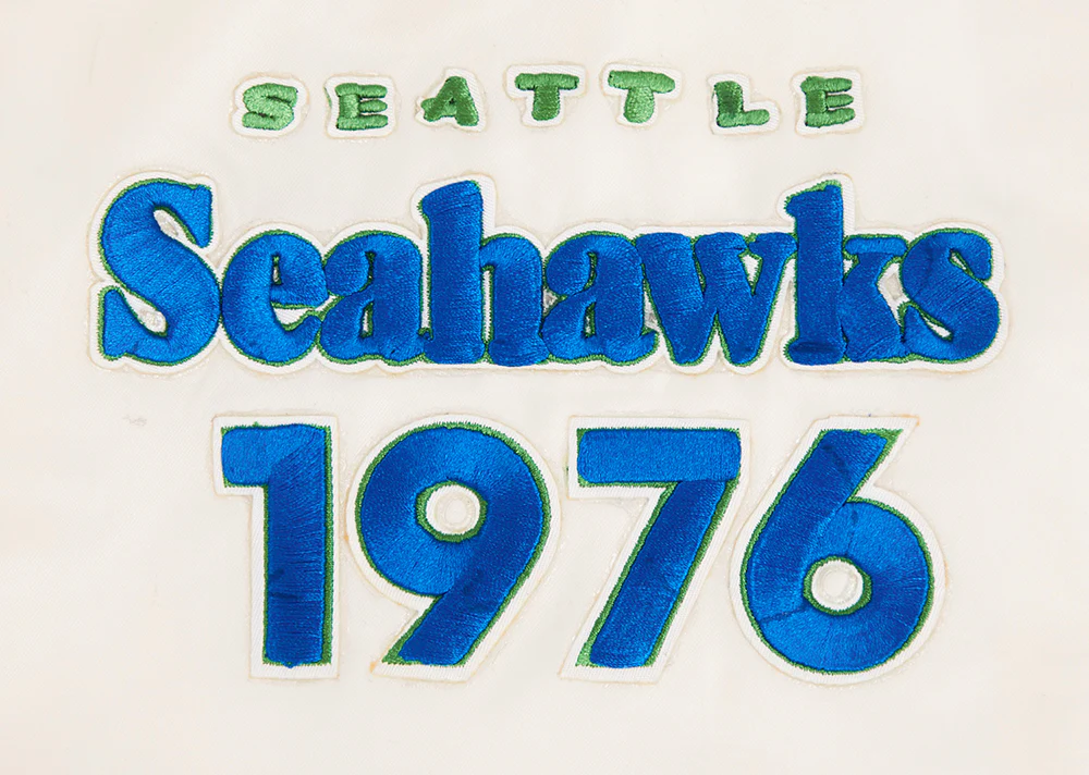NFL SEATTLE SEAHAWKS RETRO CLASSIC MEN'S RIB SATIN JACKET (EGGSHELL/ ROYAL BLUE) - Image 5
