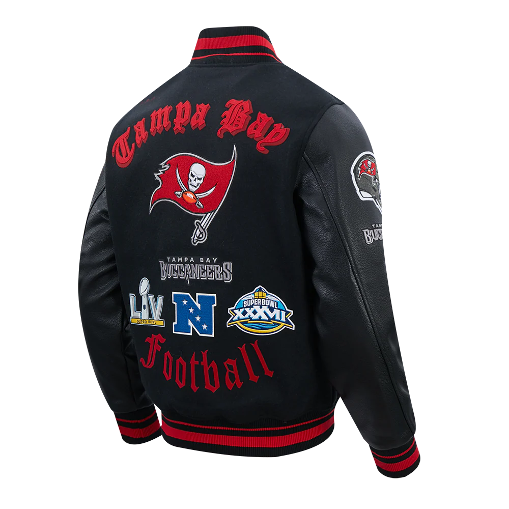 NFL TAMPA BAY BUCCANEERS OLD ENGLISH MEN'S RIB WOOL VARSITY JACKET (BLACK/RED/BLACK) - Image 4