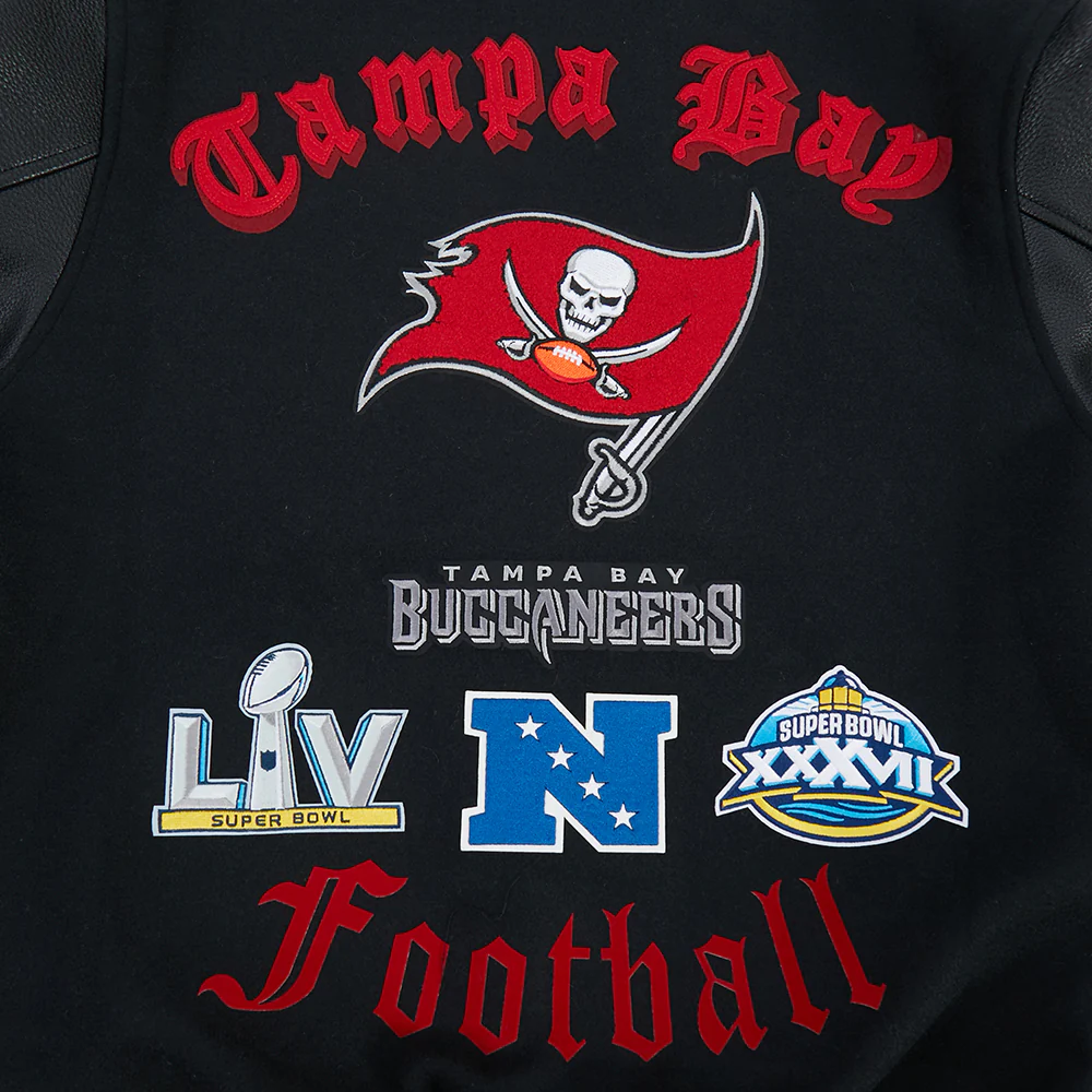 NFL TAMPA BAY BUCCANEERS OLD ENGLISH MEN'S RIB WOOL VARSITY JACKET (BLACK/RED/BLACK) - Image 6