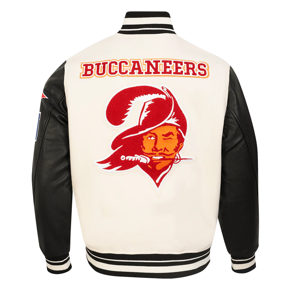 NFL TAMPA BAY BUCCANEERS RETRO CLASSIC MEN'S RIB WOOL VARSITY JACKET (EGGSHELL/ BLACK) - Image 3