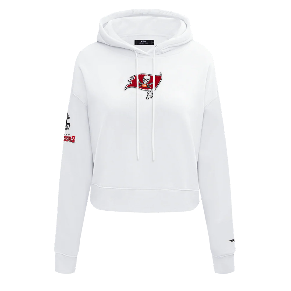NFL TAMPA BAY BUCCANEERS CLASSIC WOMEN'S FLEECE CROPPED PULLOVER HOODIE (WHITE)