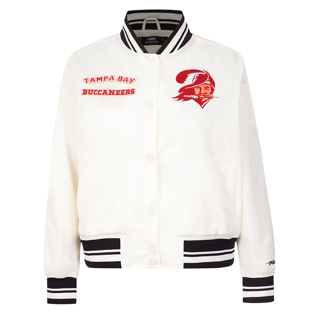 NFL TAMPA BAY BUCCANEERS RETRO CLASSIC WOMEN'S RIB SATIN JACKET (EGGSHELL/ BLACK)