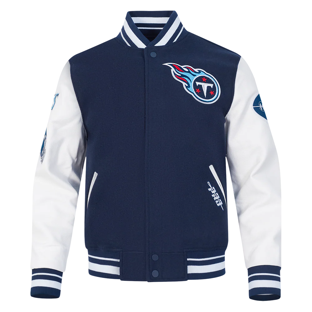 NFL TENNESSEE TITANS OLD ENGLISH MEN'S RIB WOOL VARSITY JACKET (MIDNIGHT NAVY/WHITE)